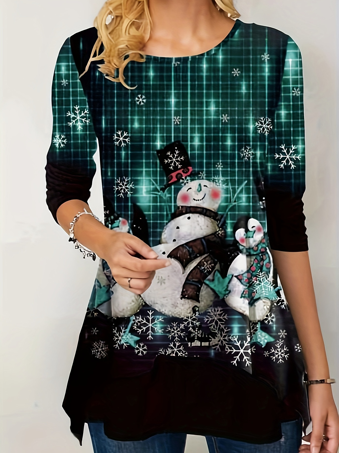 Plus Size Christmas Top, Women's Plus Cute Snowman Print Long Sleeve Round  Neck Slight Stretch Top