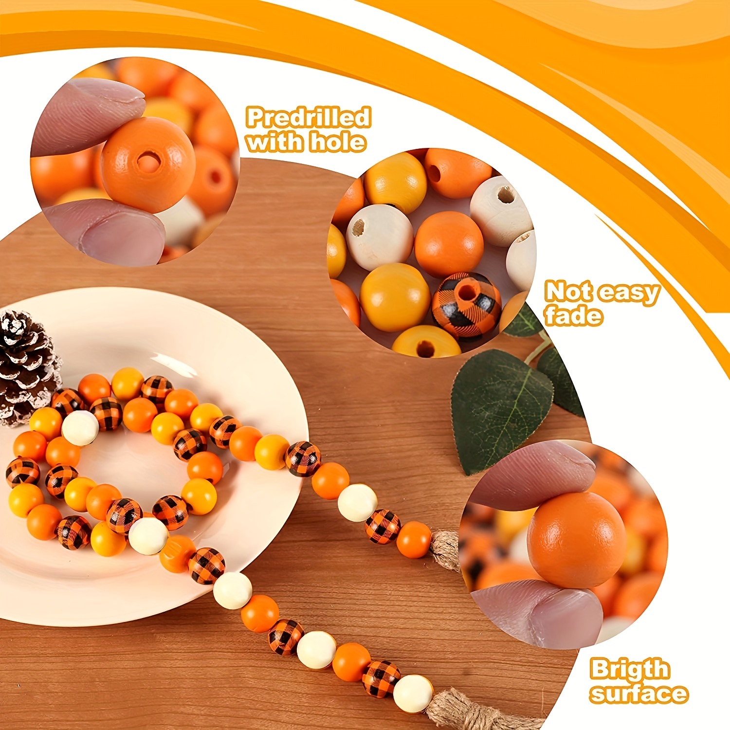 Wooden Beads For Crafts Polished And Plaid Wood Round Beads - Temu