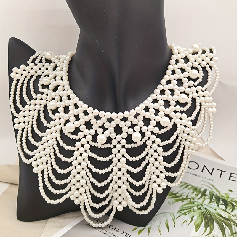 

Stylish Imitation Pearl Fake Collar Handmade Braided Beaded Necklace False Collar Multilayer Hollow Out Decoration Clavicle Shoulder False Collar