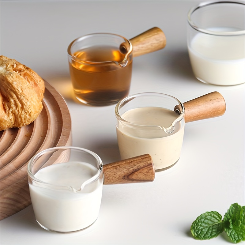 RROAD With Wooden Handle Coffee Extraction Cup Milk Jug,Milk Jugs Small  Glass Milk Cup Milk Jug,Espresso Spoon Sauce Jug (2pcs) (80ml+50ml)