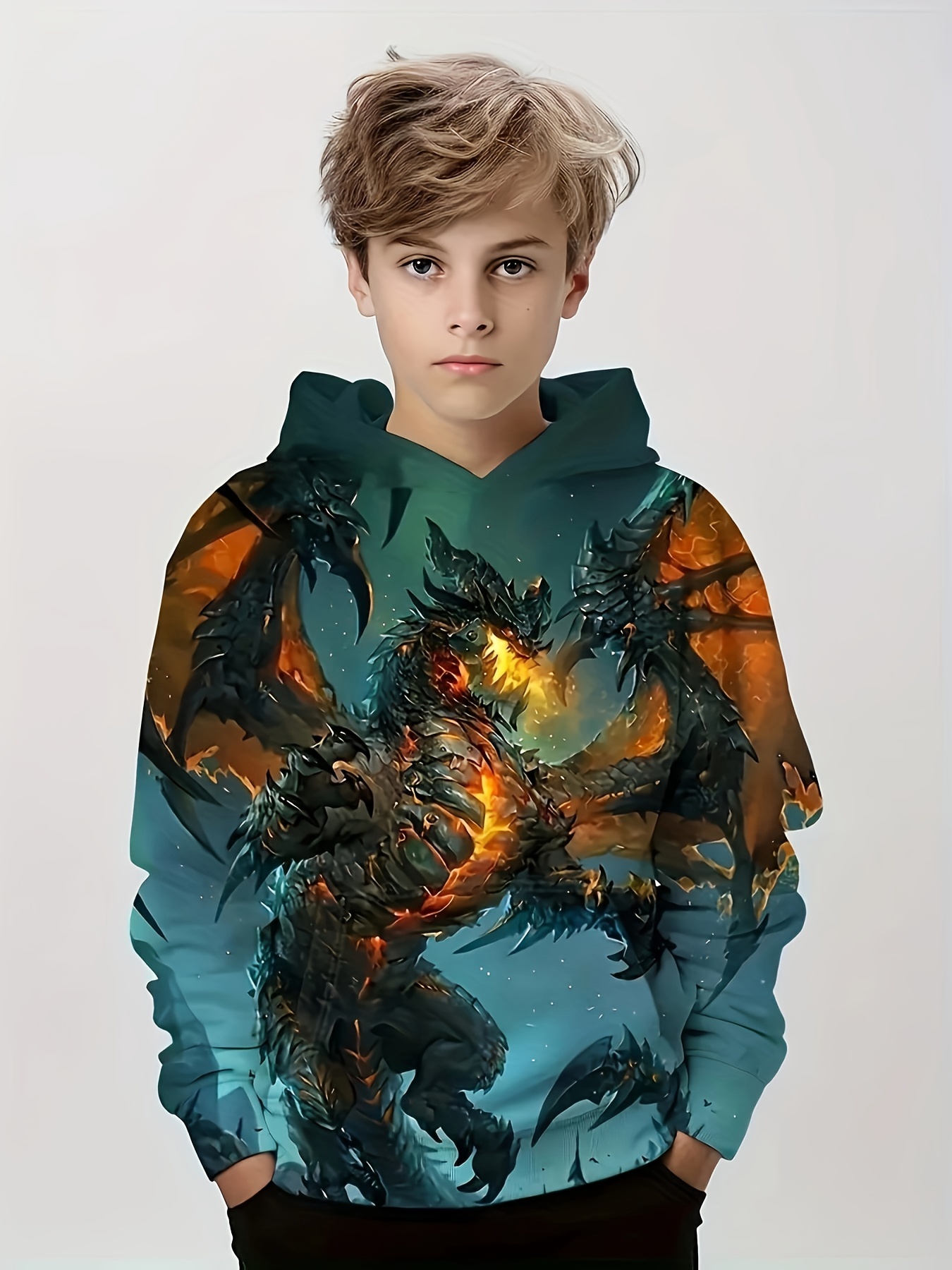 3d Blue Dragon Lightning Pattern Hoodie For Kids Casual Temu