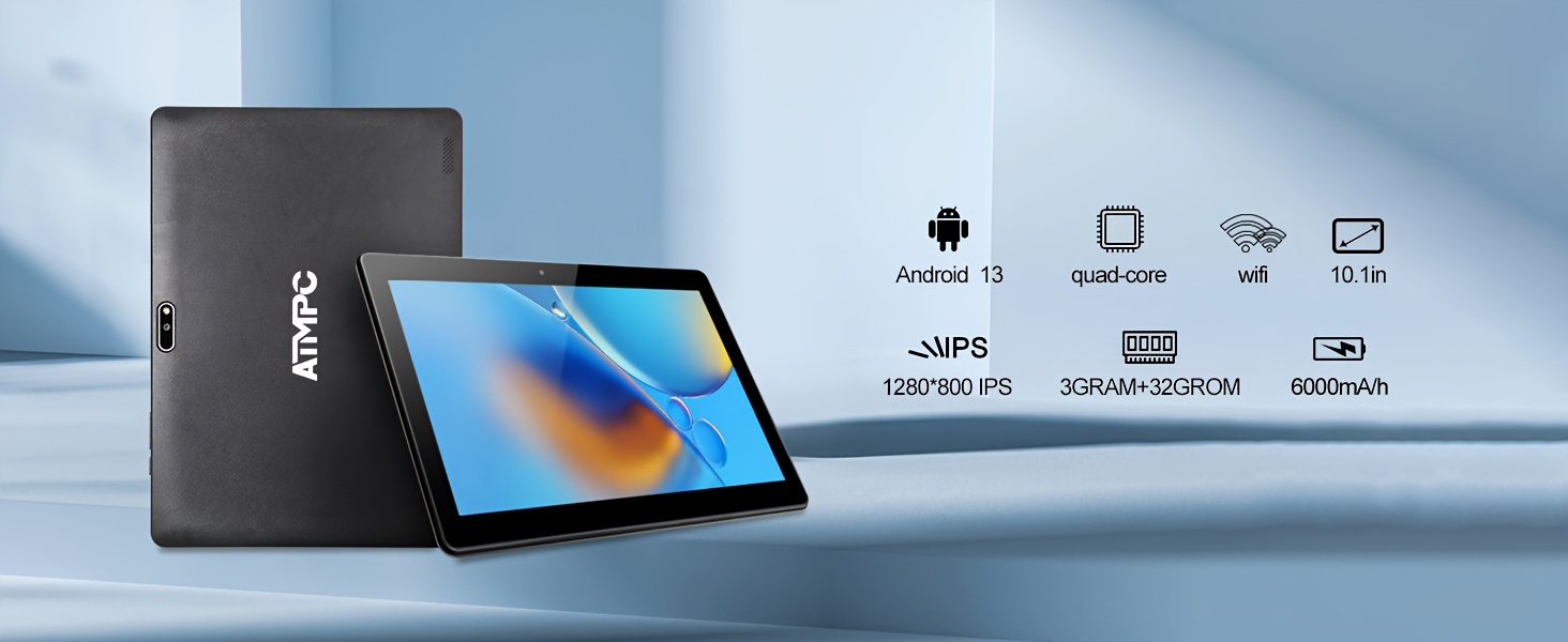 WXUNJA Android 13 Tablets, 10.1 Inch Tablet 64GB ROM 4GB RAM Quad-Core  Processor 6000mAh Battery, 1280x800 IPS HD Touchscreen 5MP+8MP Camera,  Bluetooth,WiFi GPS FM (Black)