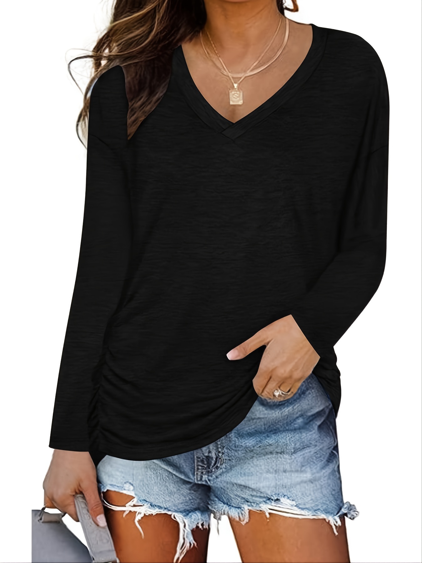 Women's T shirt V neck Solid Long Sleeve Loose Tops - Temu
