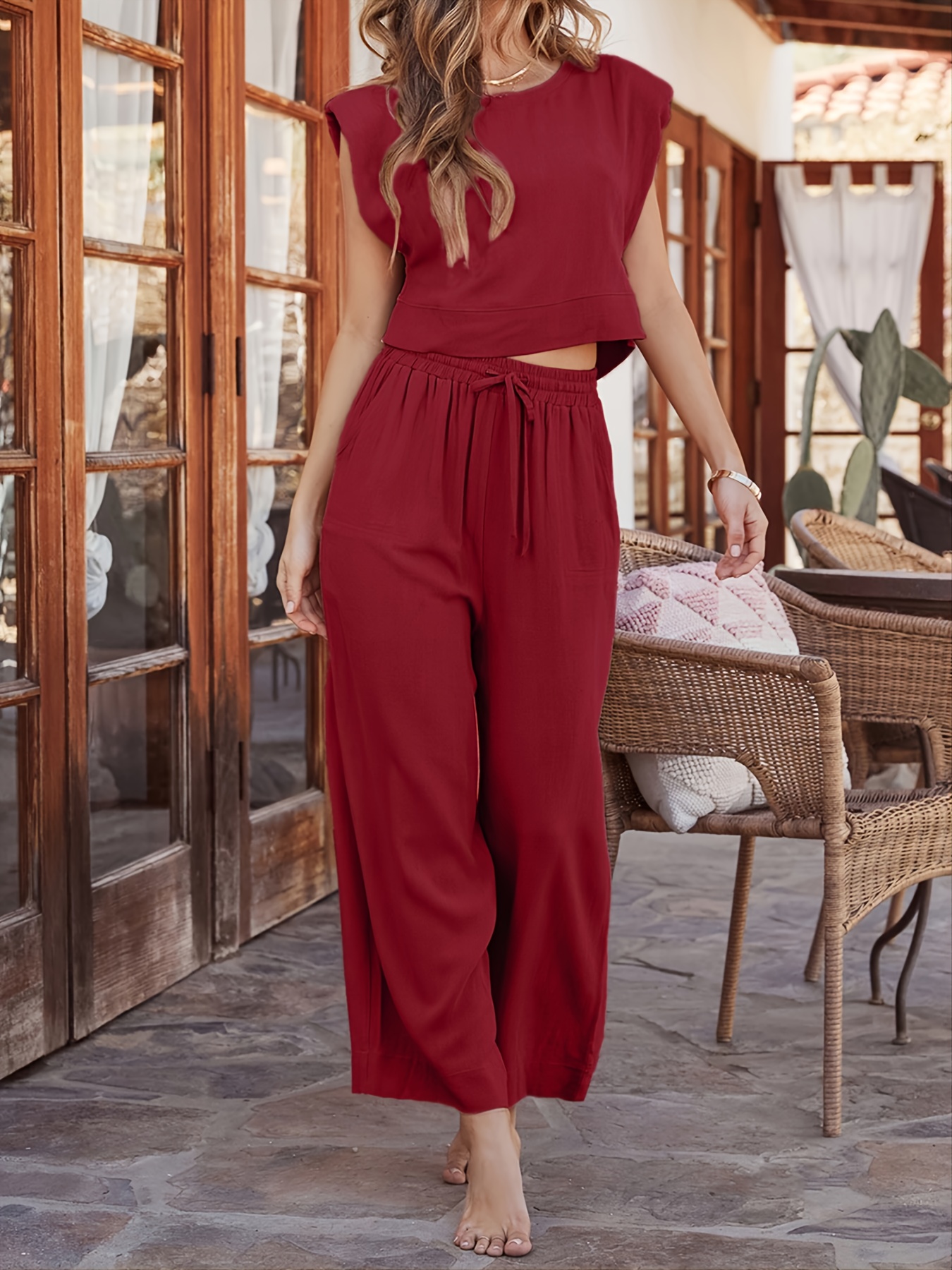 Solid Casual Two piece Set Sleeveless Crew Neck Tops Palazzo - Temu