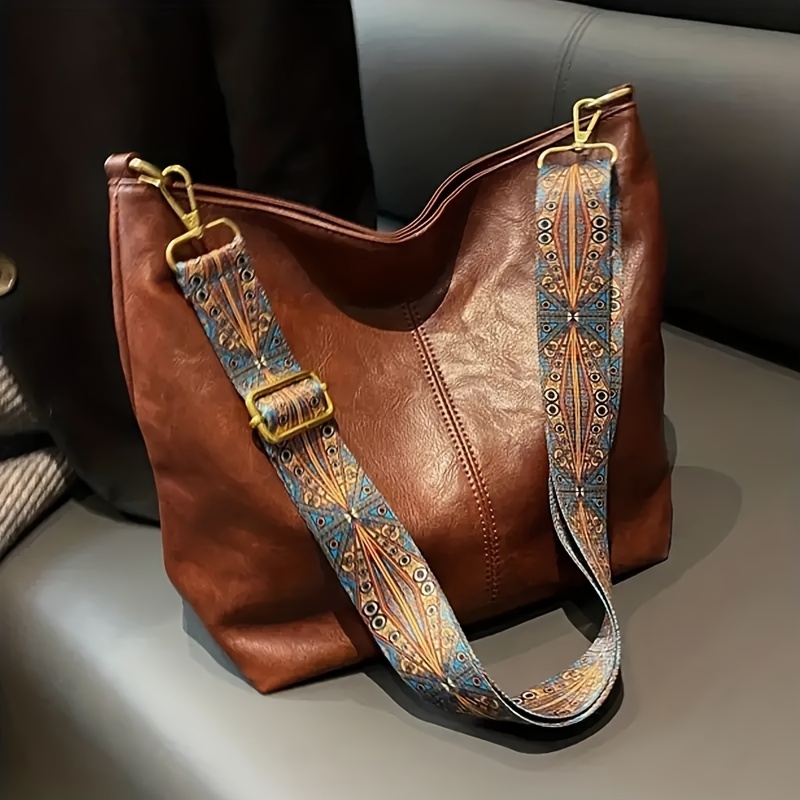 Stylish Letter Print Tote Bag For Women, Vintage Vegan Leather Satchel Purse,  Large Capacity Crossbody Bag With Wide Strap - Temu