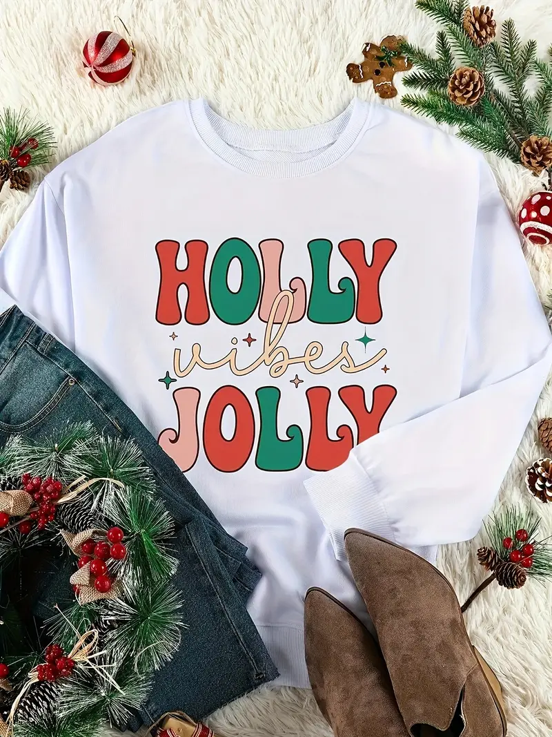 holly vibes jolly letter print sweatshirt casual long sleeve crew neck sweatshirt womens clothing details 3