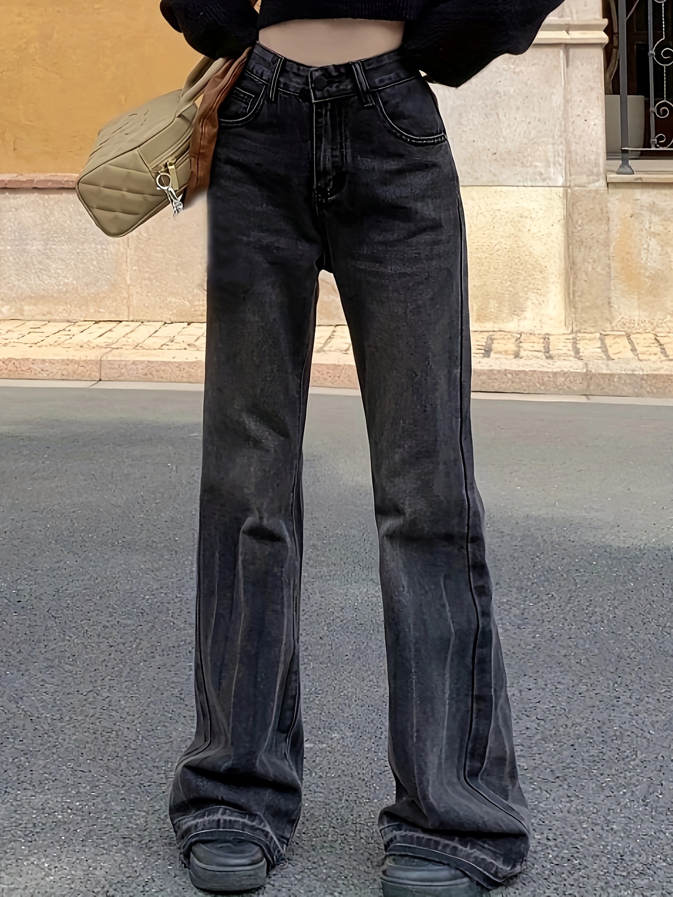 Black Slant Pocket Bootcut Jeans, Loose Washed Casual Wide Leg Denim Pants,  Women's Denim Jeans & Clothing