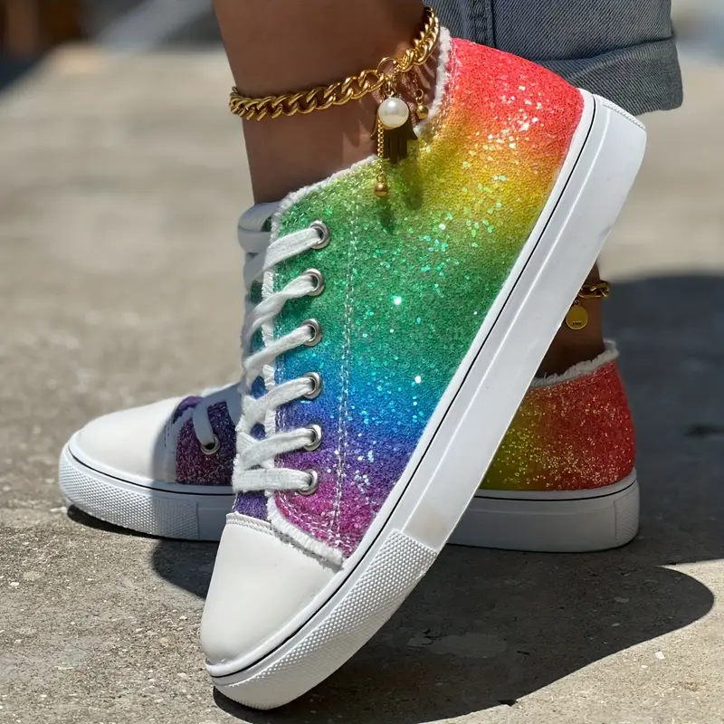 Women's Glitter Rainbow Print Canvas Shoes, Stylish Lace Up Outdoor Shoes,  Comfortable Low Top Sneakers