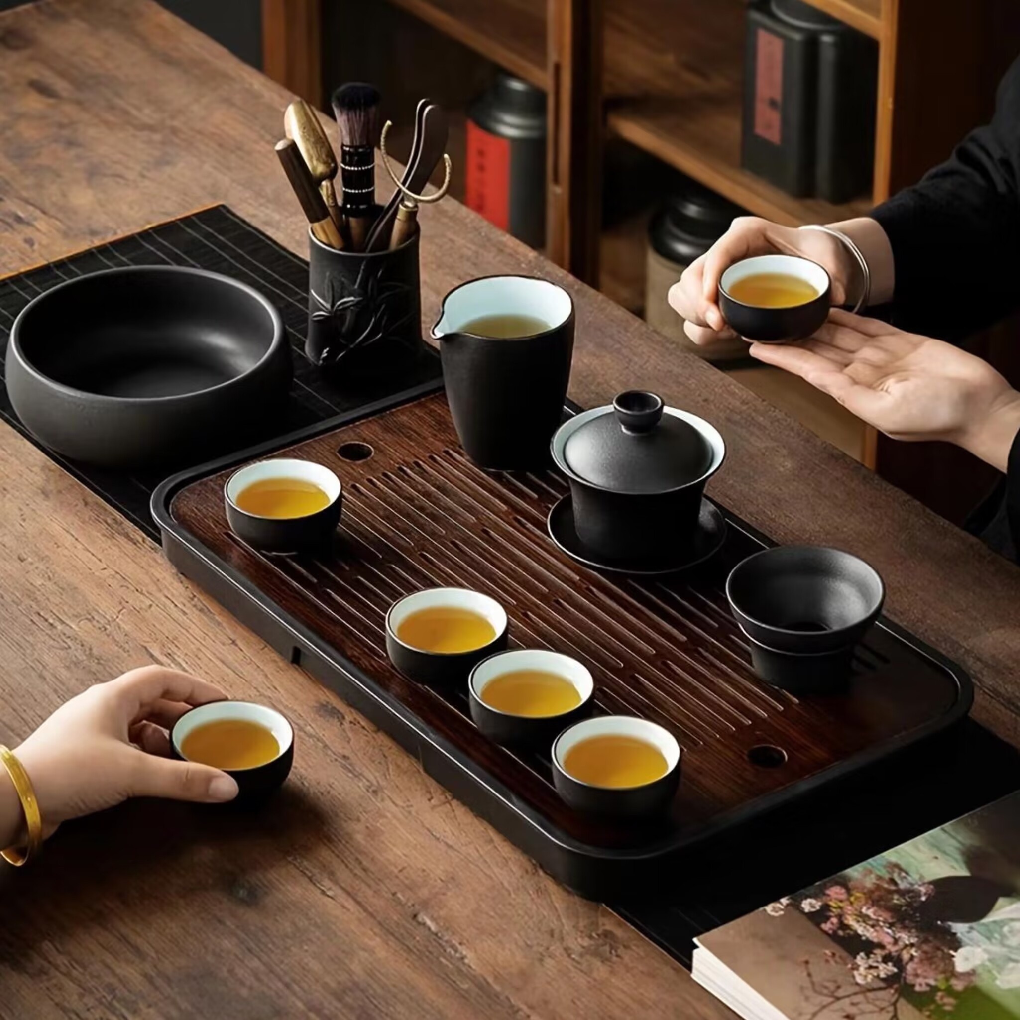 1pc tea tray simple small tea tray water storage type bamboo tea seat round tea tray for tea house