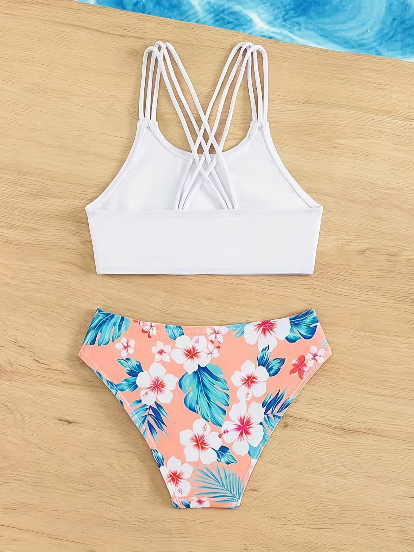 ABPHQTO Bikini y shorts de playa de mujer con estampado de hojas tropicales  en blanco