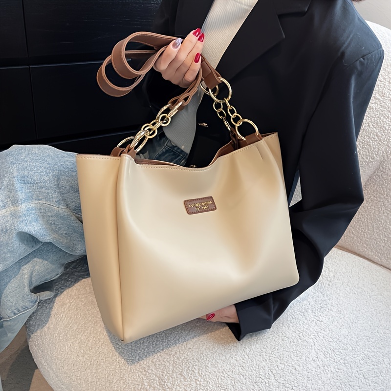 Letter Patch Decor Suede Tote Bag Vintage Chain Shoulder Bag Womens Work  School Handbag, Quick & Secure Online Checkout