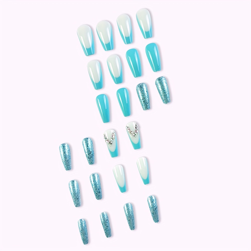 24pcs Green Square Press On Nails Glitter Rhinestone False Nails