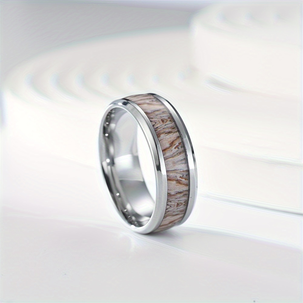 1pc 8mm Wide Silvery Men's Stainless Steel Ring, Personality Classic Fashion Imitation Wood Grain Wedding Ring US Size 7-13,Temu