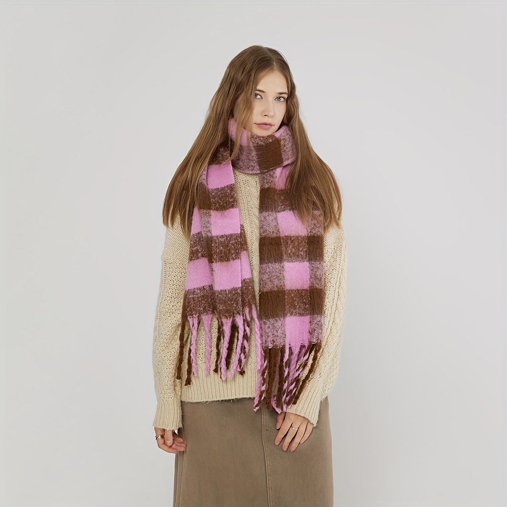 Women's Fall Winter Classic Plaid Blanket Scarf Light Pink