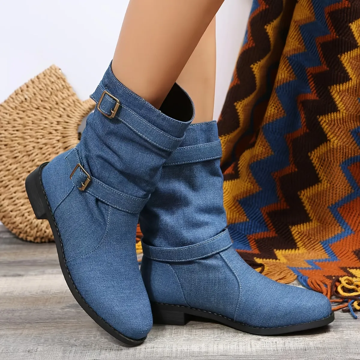 Women's Denim Mid Calf Boots, Buckle Strap Slouchy Pull On Cowboy Boots,  Fashion Chunky Low Heeled Boots - Temu