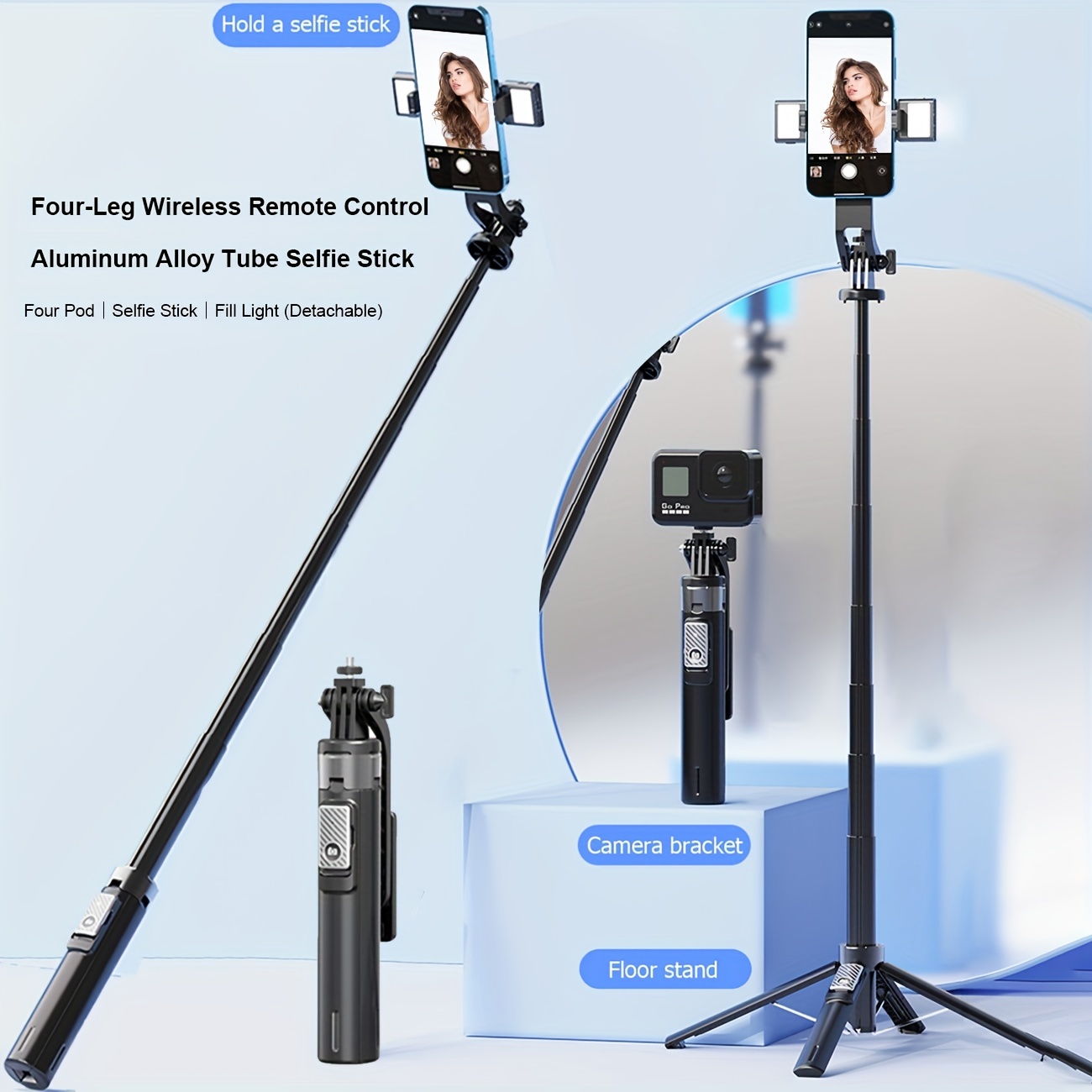 39 Inch Floor Selfie Stick - Wireless Remote - Compatible with IPhone, Android & Samsung