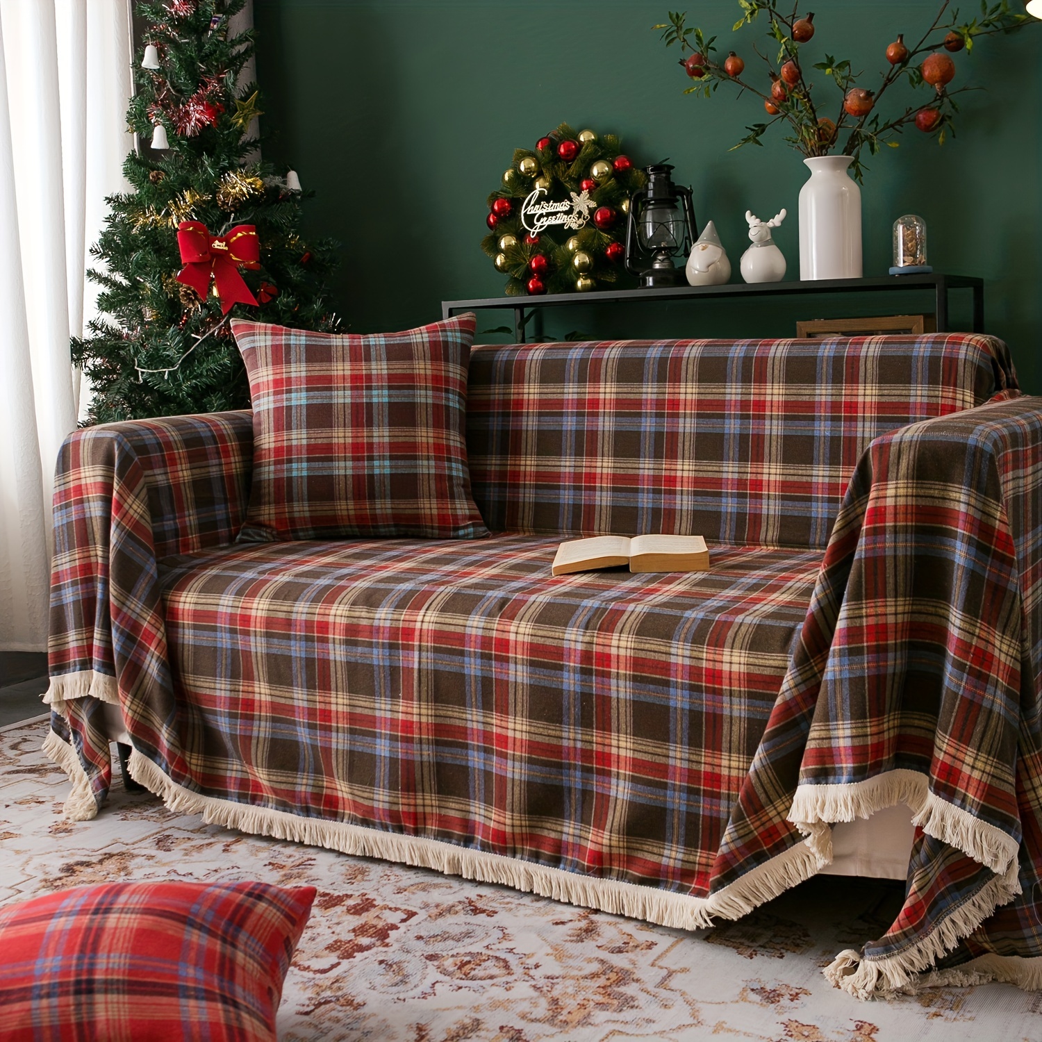 Retro Sofa Slipcover Christmas Coffee Red Woven Plaid Non-slip Sofa Cover