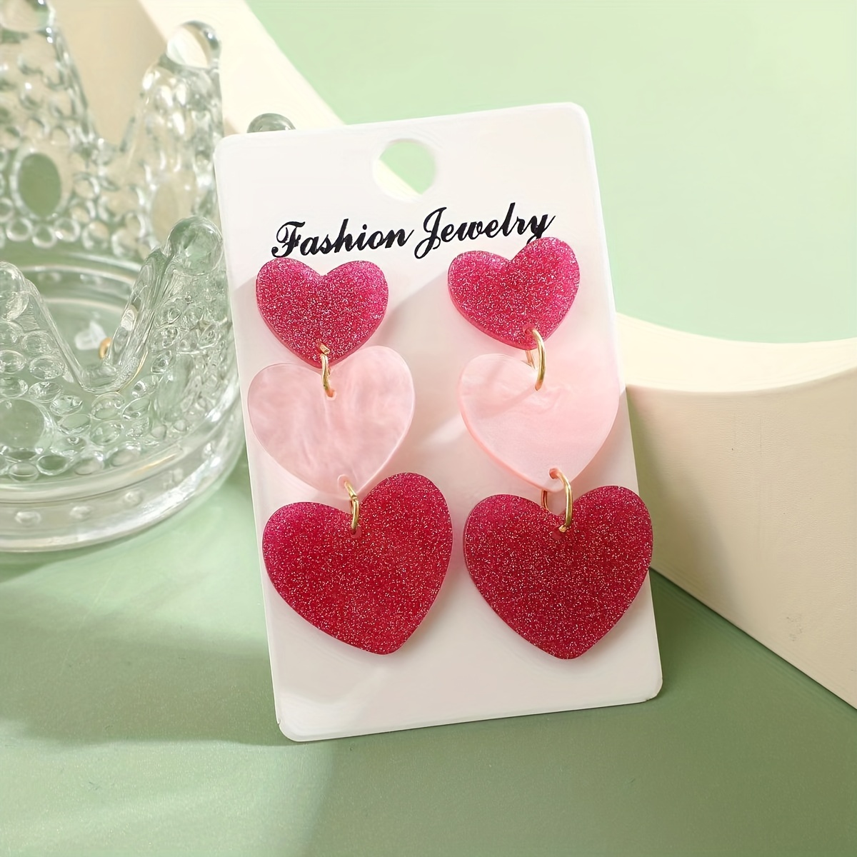 Pink Peach Heart Three Layer Earrings