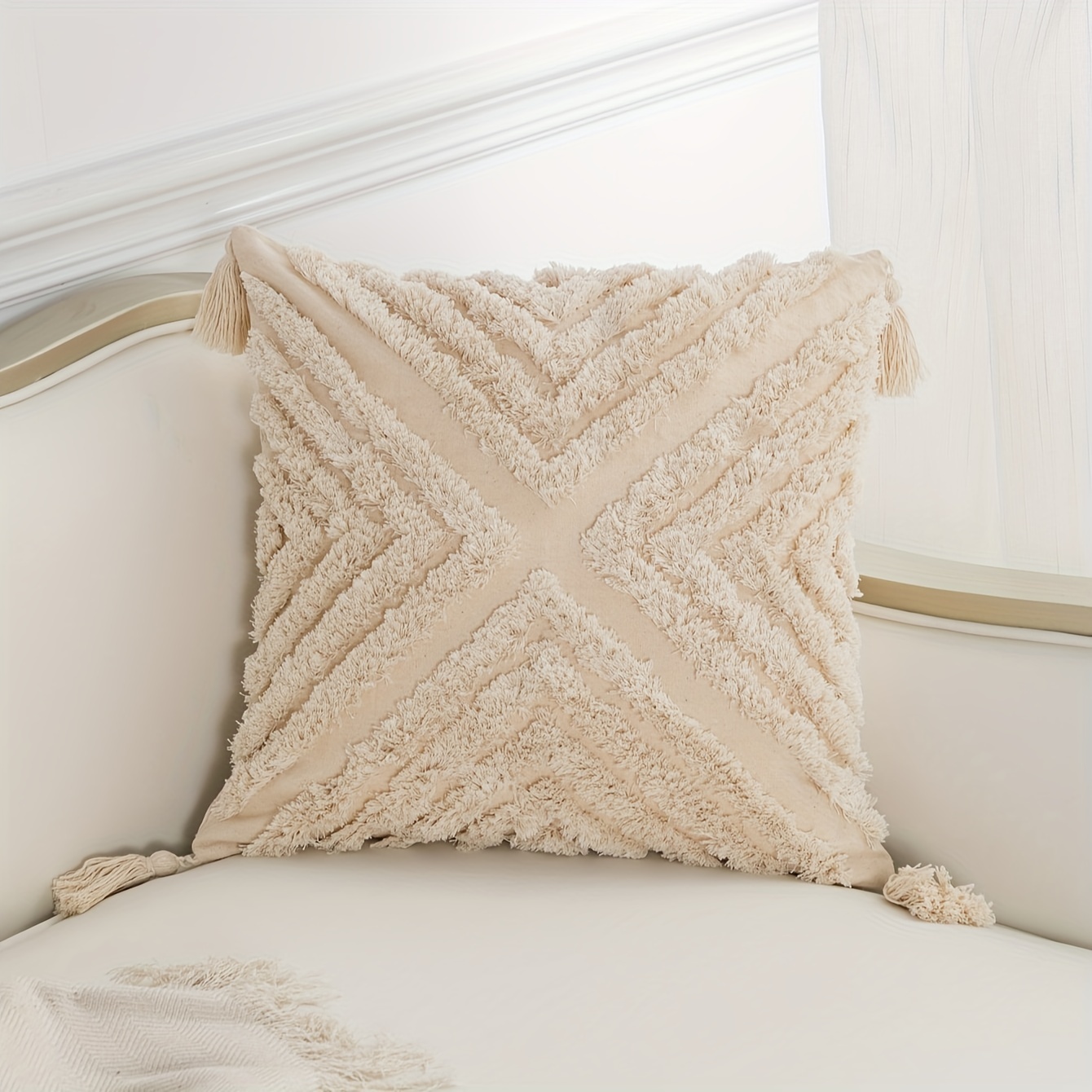 Image of Bohemian Style Beige Tufted Pillow Cover With Tassels - Nordic Inspired, Soft Polyester Canvas, Zipper Closure For Bedroom & Living Room Sofa Decor, Bohemian Home Decor