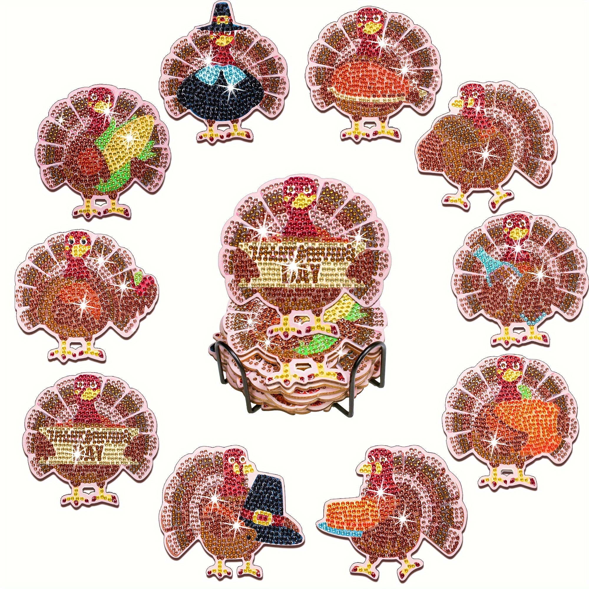 10pcs DIY Diamond Painted Coaster Set Cute Animal Turkey Shaped Diamond Art Mosaic Coaster Non slip Placemat Craft Set Handmade Gift Size 10cm 10cm 3.94inches 3.94inches