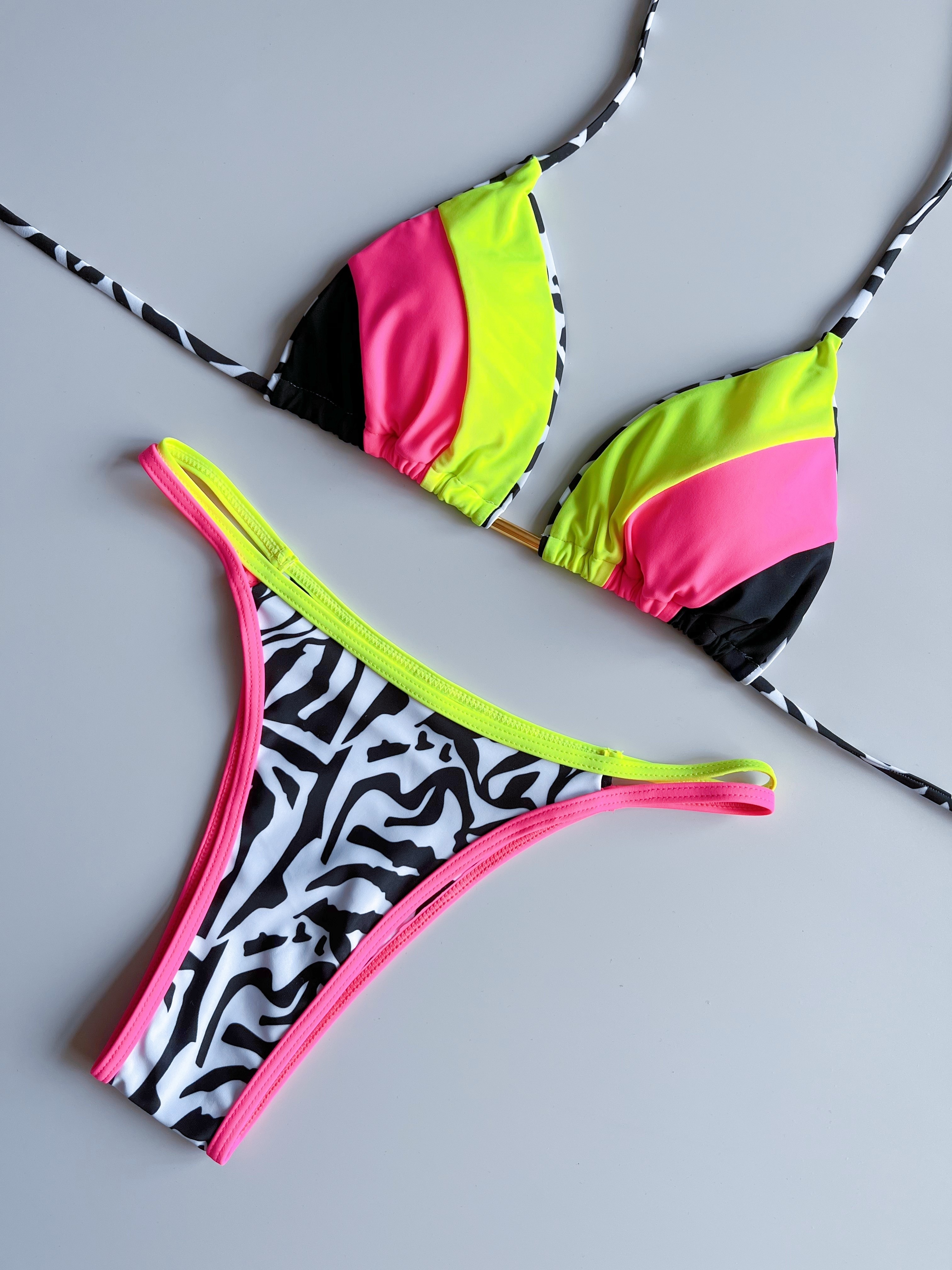 Random Print Bikini Sets V Neck Layer Bra Tie Side High Cut Casual