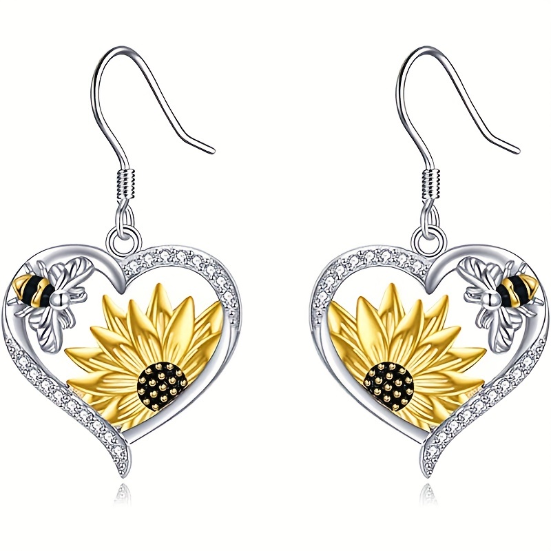 hollow heart shape with sunflower bee decor retro boho hook earrings alloy zircon jewelry trendy gift