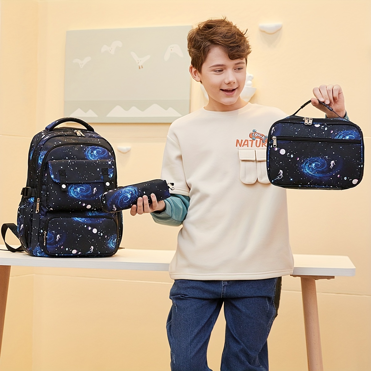 3pcs/set Stitch Printed Kids Boys Girls Backpack Crossbody Lunch Bag Pencil  Case Gifts