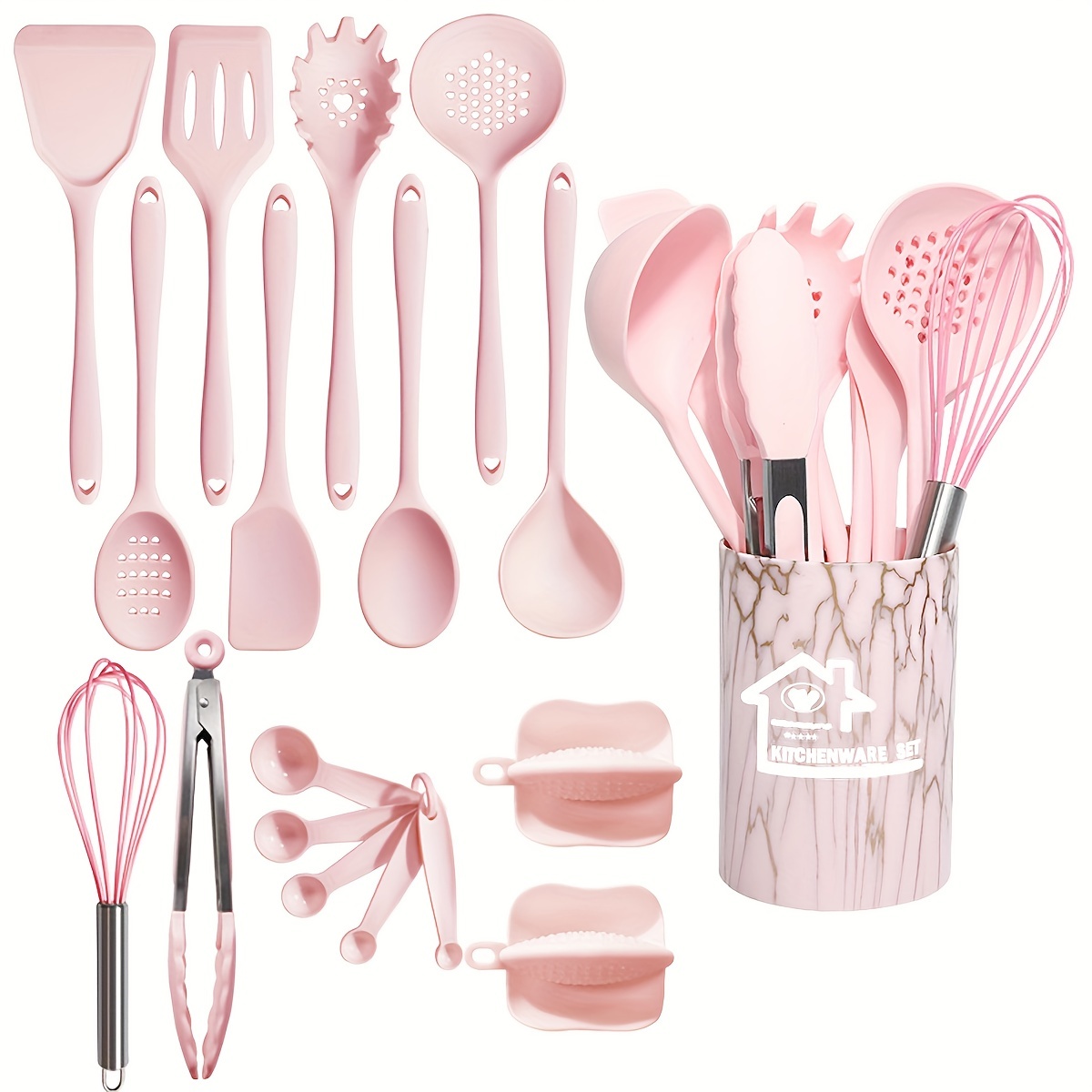 13pcs/set Heat Resistant Silicone Kitchen Utensils Set Including Measuring  Spoons, Oil Brush, Shovel, Tableware, Baking Tools With Storage Bucket