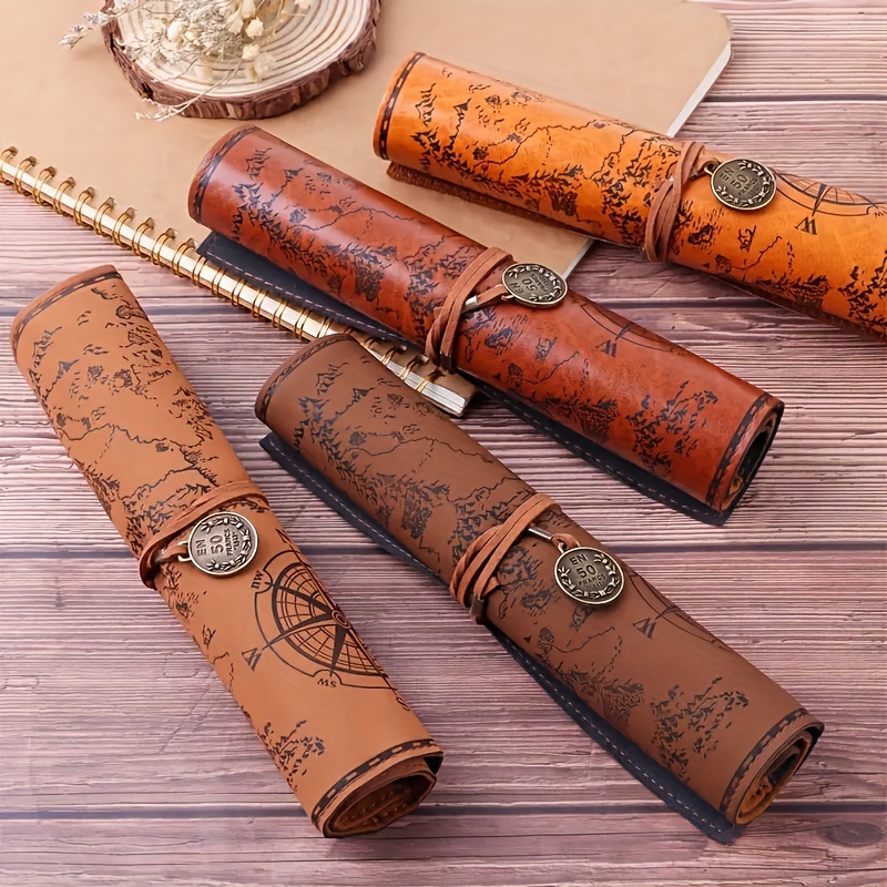 

Creative Treasure Map Retro Pencil Case Leather Large Capacity Roll Pencil Bag Embossed Buckle Simple Stationery Box Roll Portable Pencil Drawing Bag Pen Holder