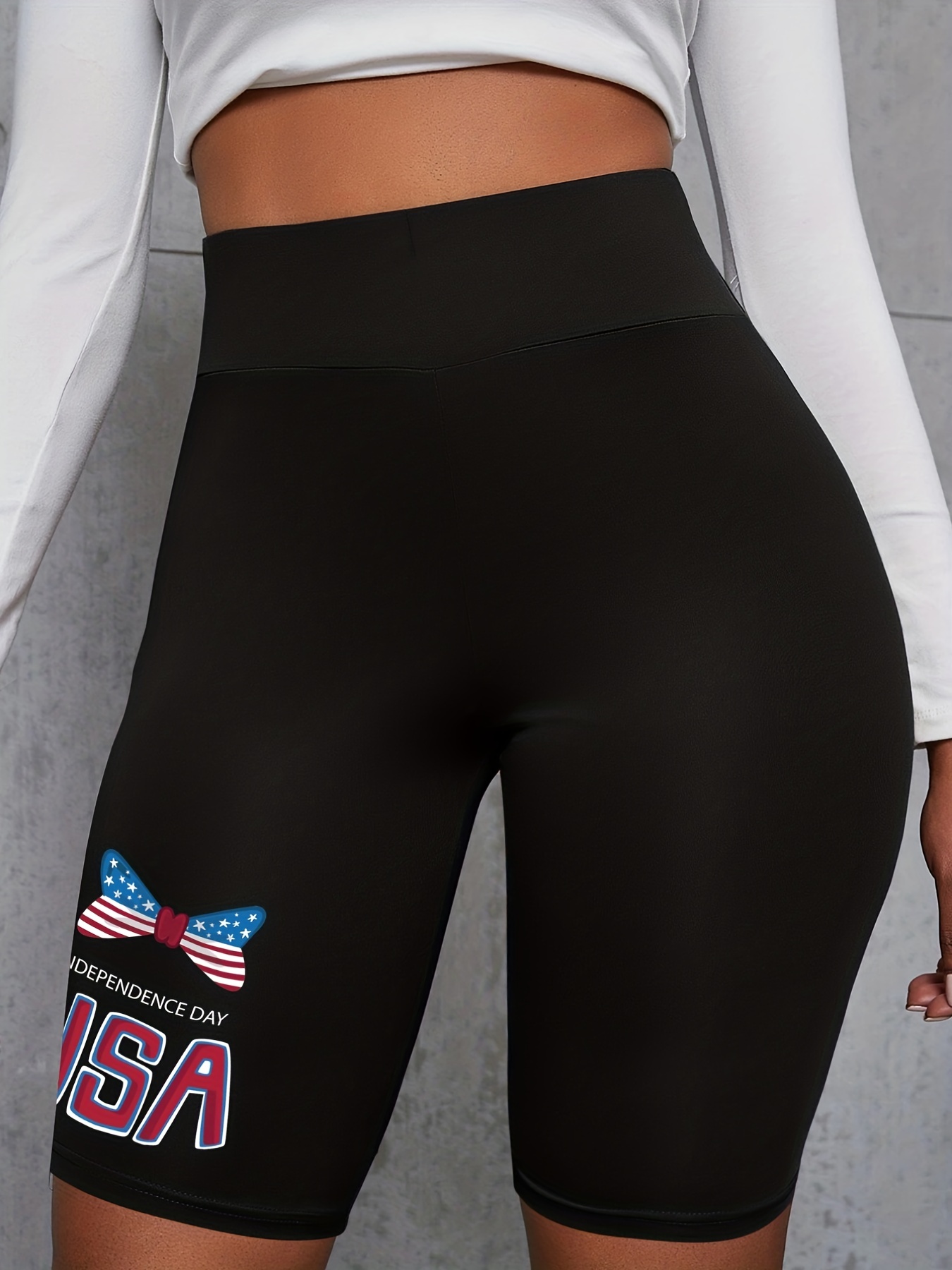 Women's Plus Size Flag Pattern Bow & Letter Print High Rise Slim Fit Biker Shorts