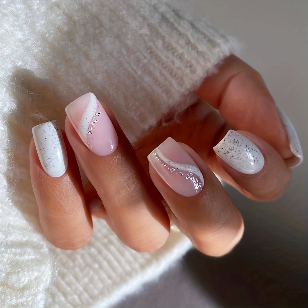 Pink White Glitter False Nail Short Square Press on Nails for Nails Art  24pcs