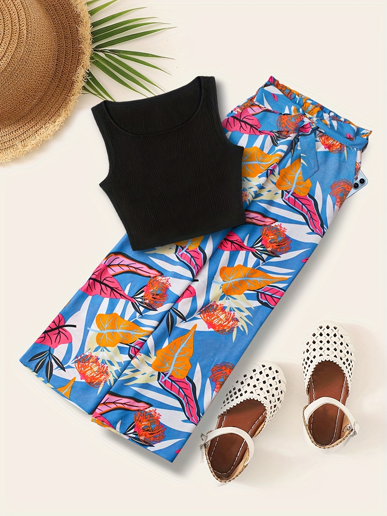 Boho Tank Top & Tropical Print Wide Leg Pants Set