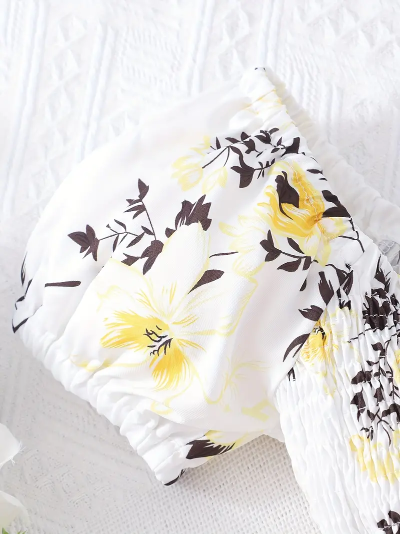 girls floral print shirred short sleeve casual dress belt for summer details 19