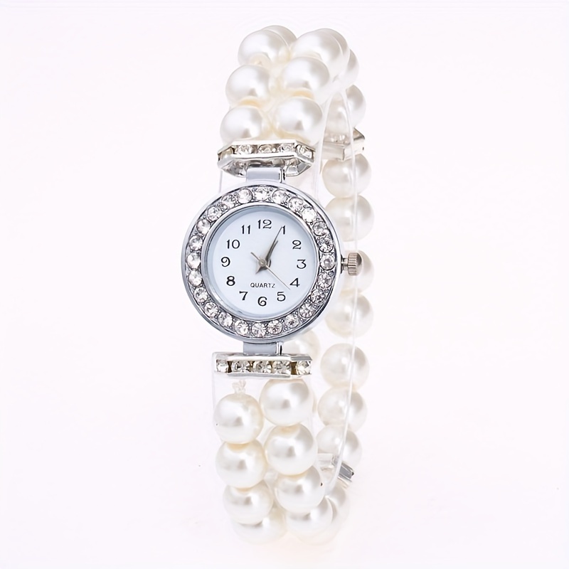 womens watch luxury rhinestone quartz bracelet watch analog faux pearl beaded wrap wrist watch white 0