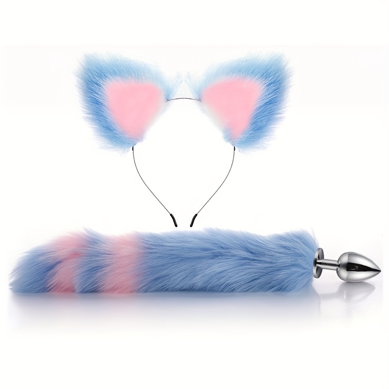 Fox Tail Anal Plug Collar and Nipple Clamps Cat Ears Butt Plug Stainless  Steel Anal Plug with Faux Fur Fox Tail for Women Costume Props (Blue)