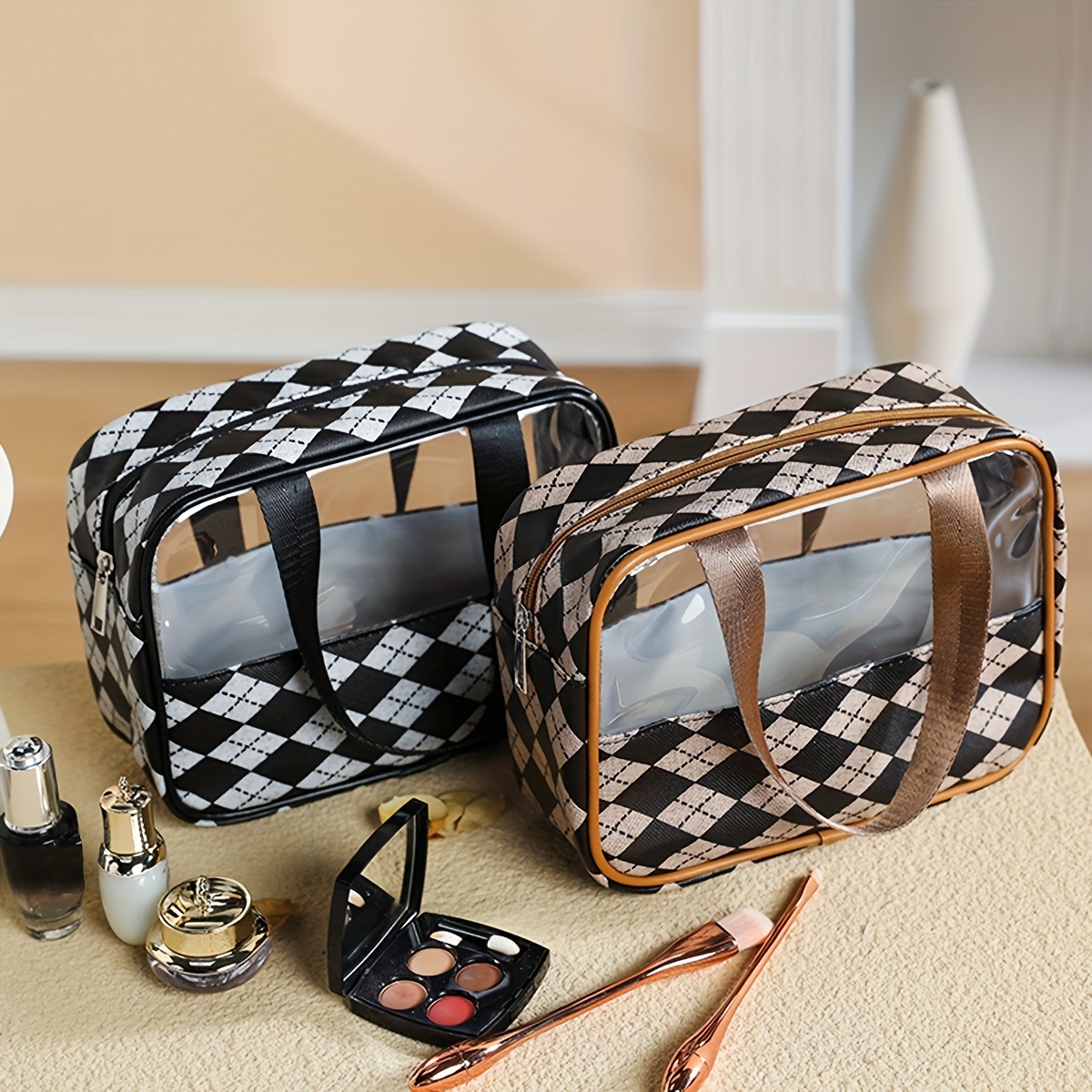 Checkered Pattern Make Up Bag Zipper Top Handle, Cosmetic Bag, Organizer Bag  For Travel