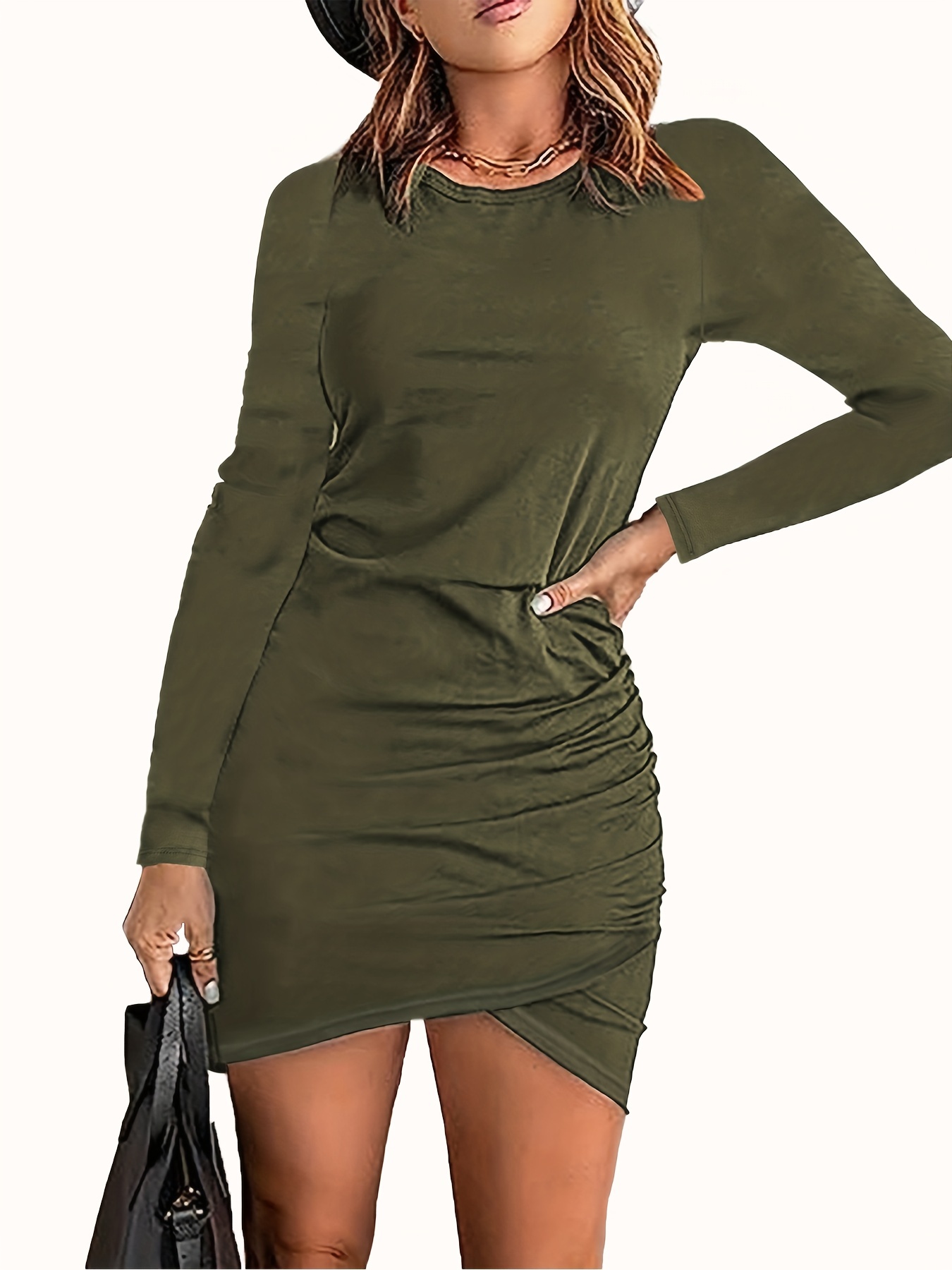 Solid Ruched Dress Casual Crew Neck Long Sleeve Bodycon Mini - Temu  Australia