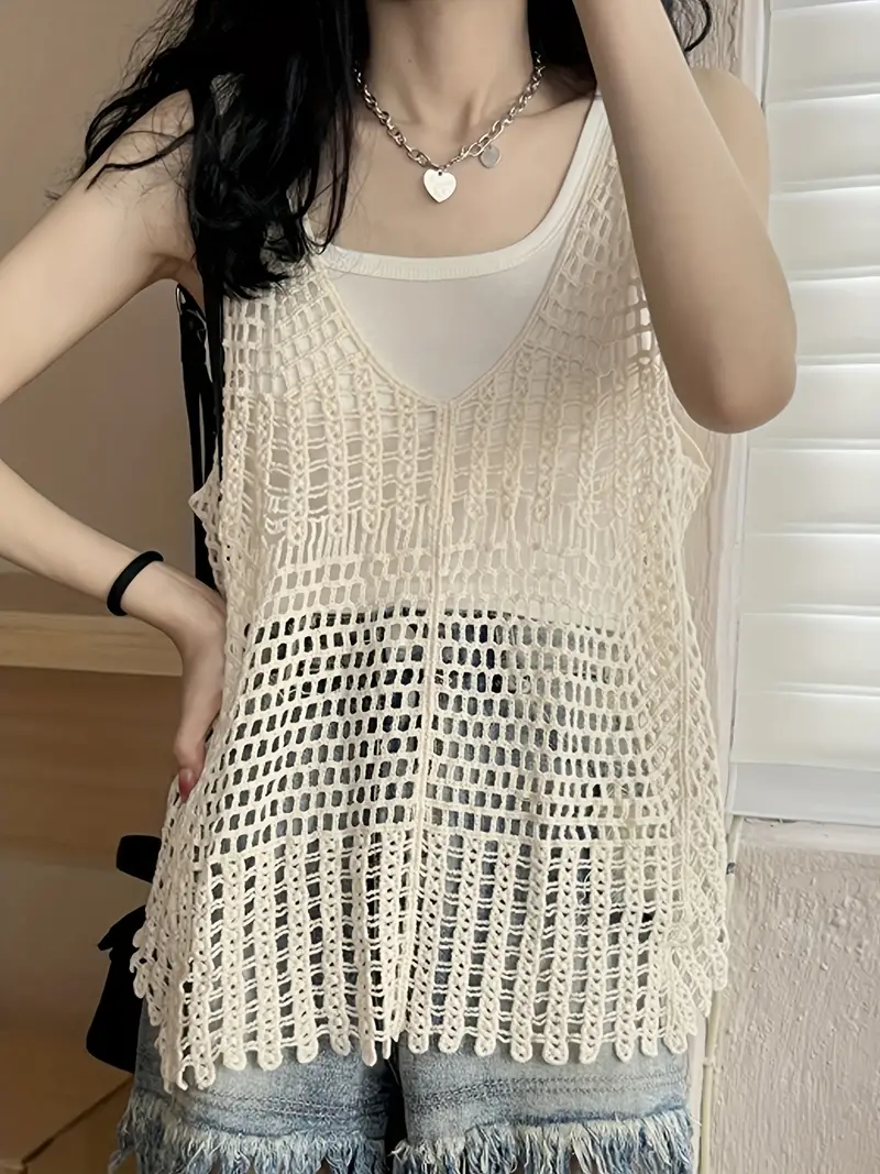 Crochet Cover Up Knitted Top, Casual Beach Wear V-neck Tank Top, Women's  Clothing