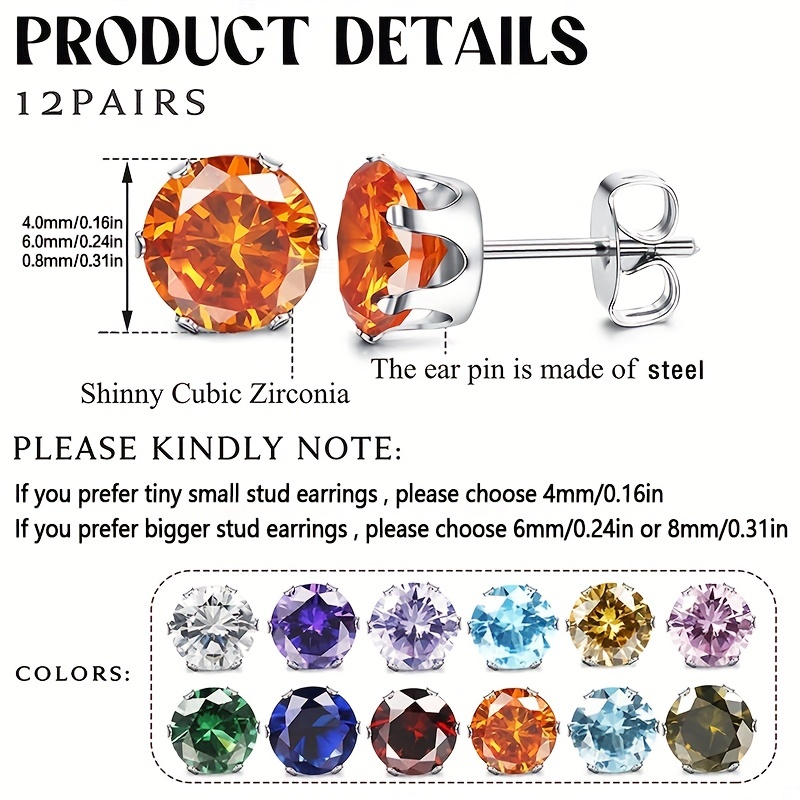 Stainless Steel 12 Months Birthstone Earrings Silicone - Temu