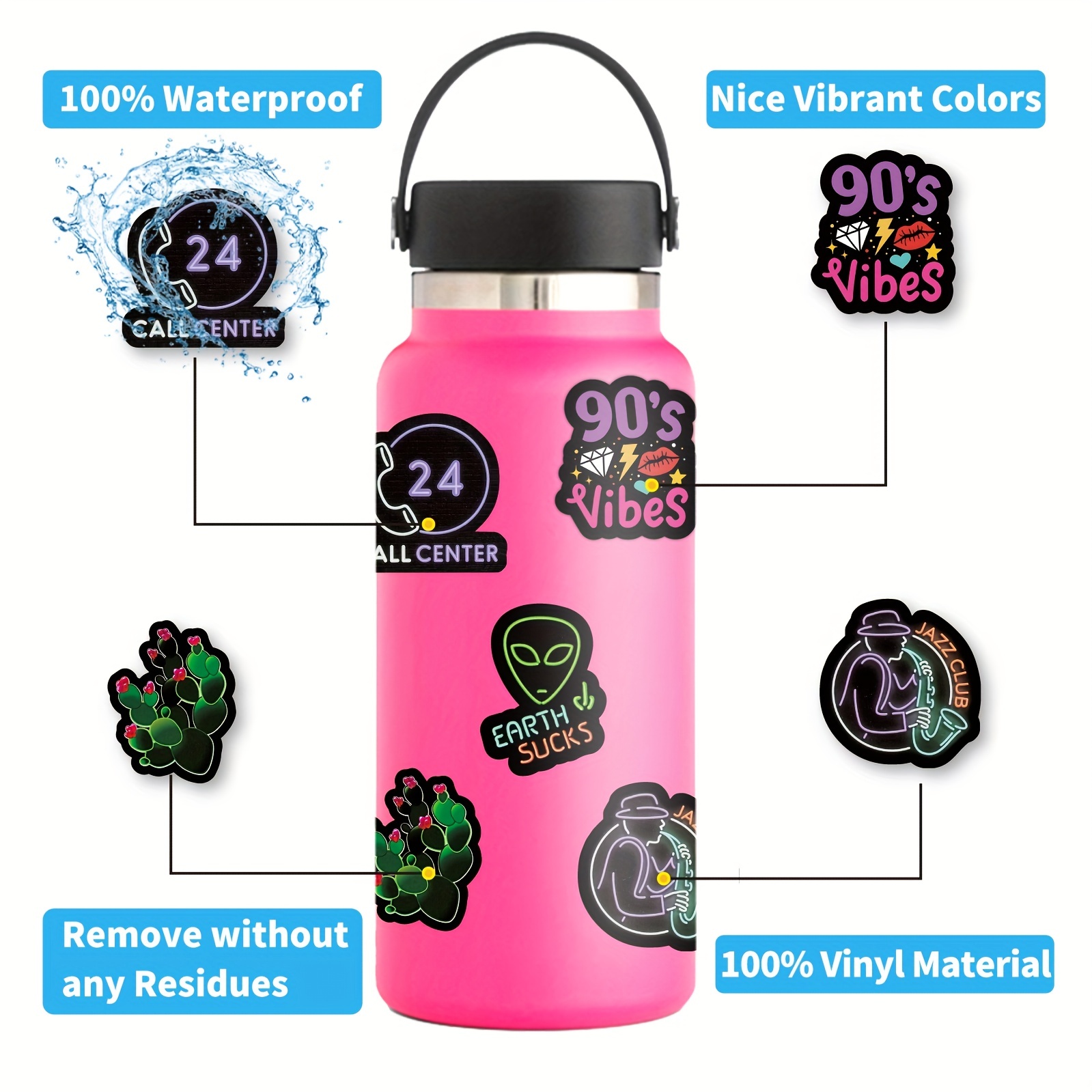 Neon Stickers for Adults, 50Pcs Waterproof Vinyl Stickers Pack for Water  Bottle, Hydro Flask, Laptop, Skateboard, Luggage, Phone : Electronics 