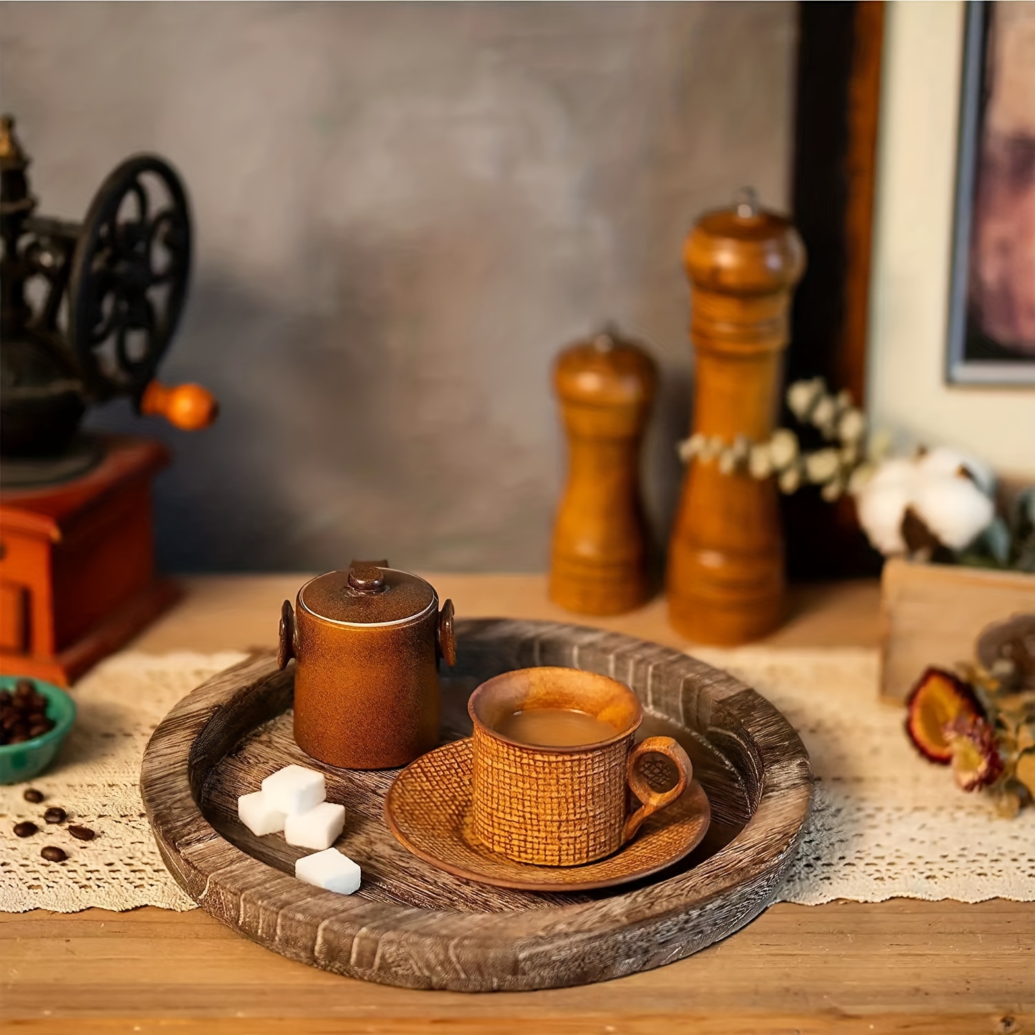 Bandeja redonda de madera rústica decorativa para decoración del hogar de  otoño, bandeja de servir de 11.8 pulgadas, mesa de café de granja, mesa de