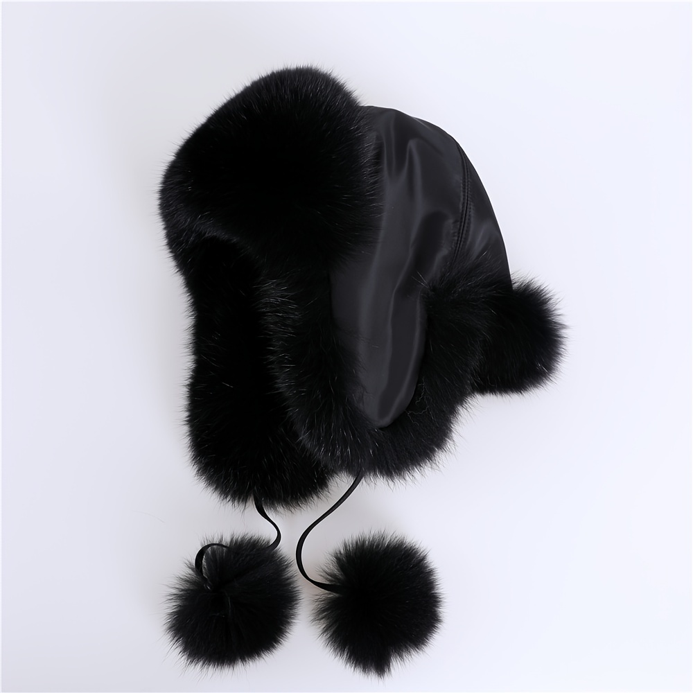 FNFUR Womens Black Fox Fur Trapper Hat with Pom Poms Cossack hat,Ushanka  hat,Avaitor hat,Pilot hat,Bomber hat