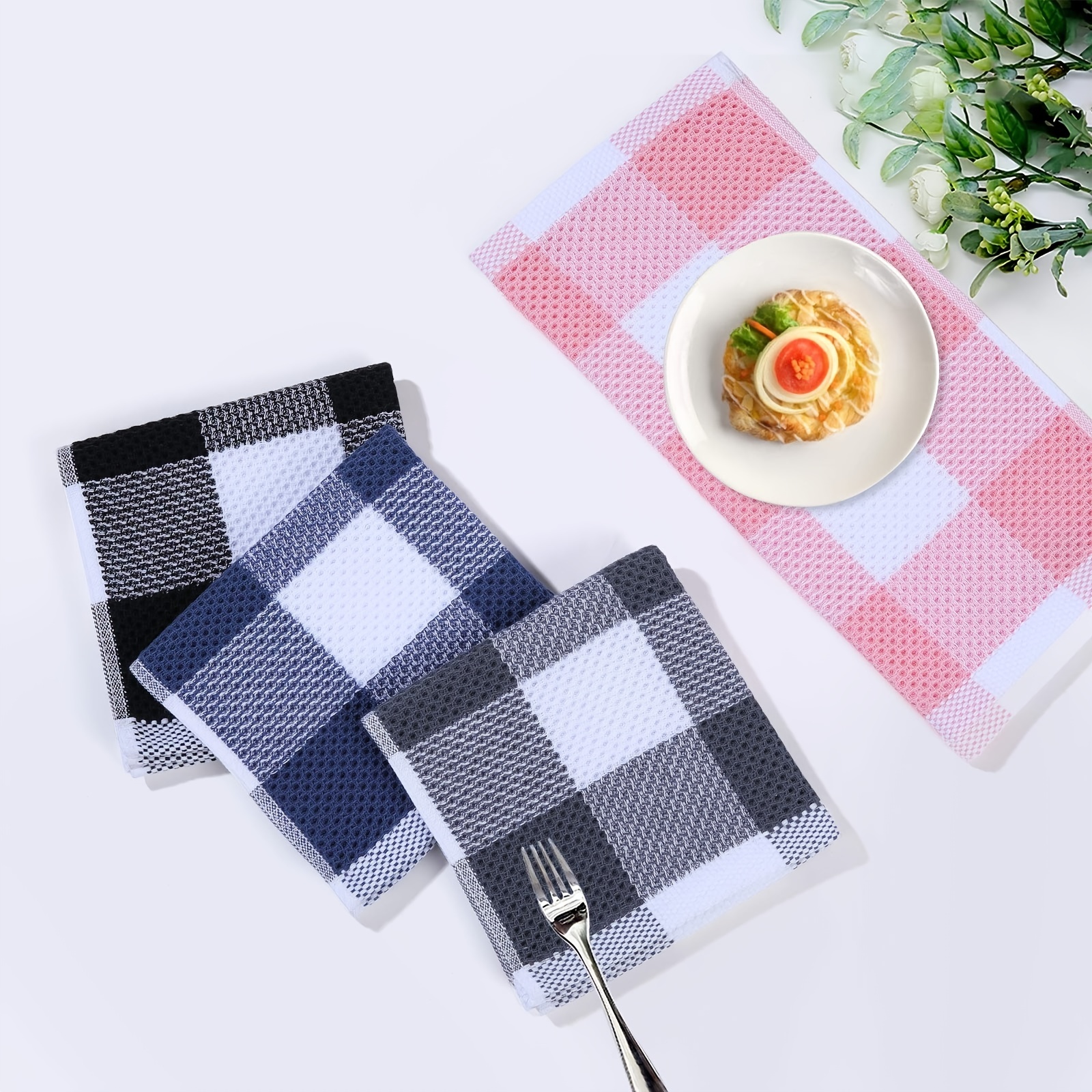 100% Cotton Waffle Weave Check Plaid Kitchen Towels, 13 x 28