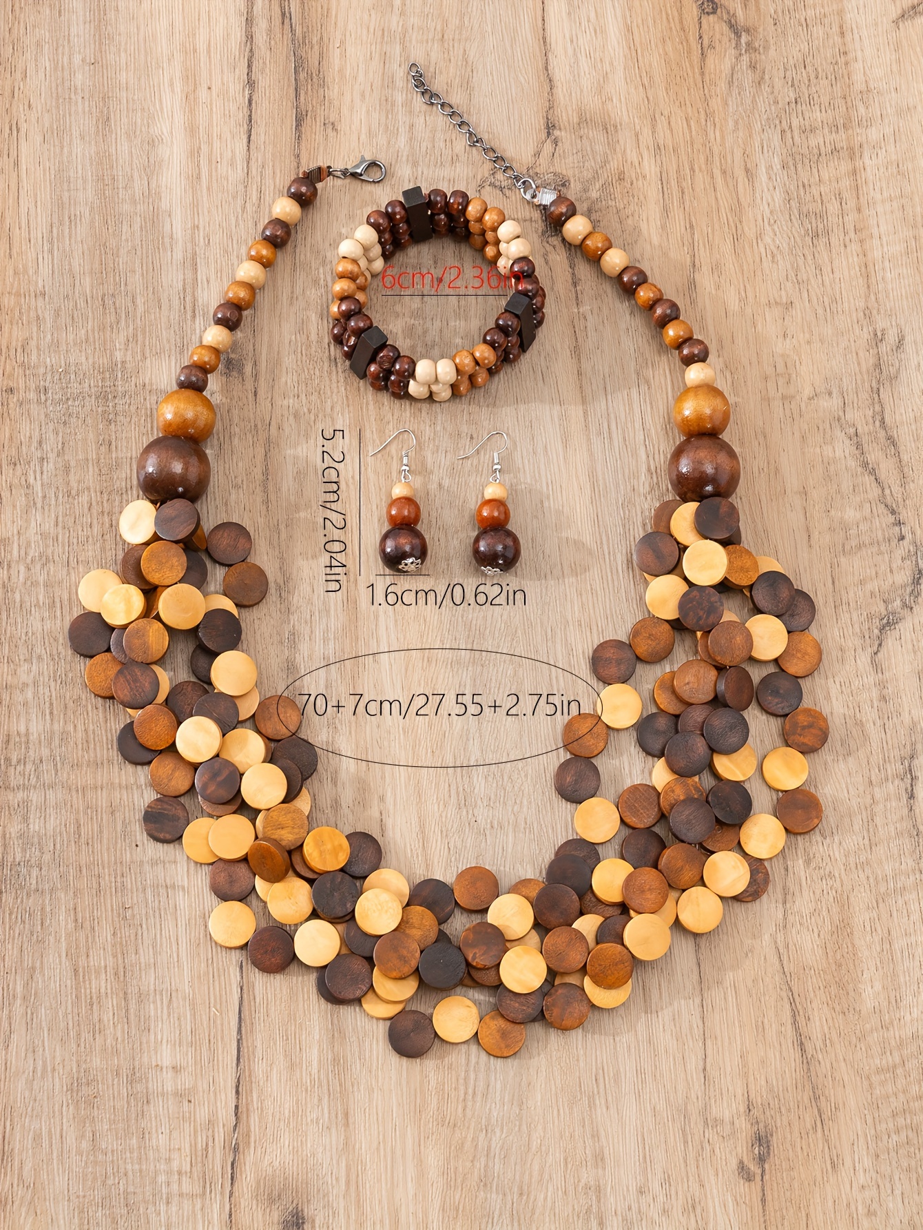 1 pair of earrings 1 necklace 1 bracelet boho style jewelry set made of wooden beads match daily outfits party decor details 2