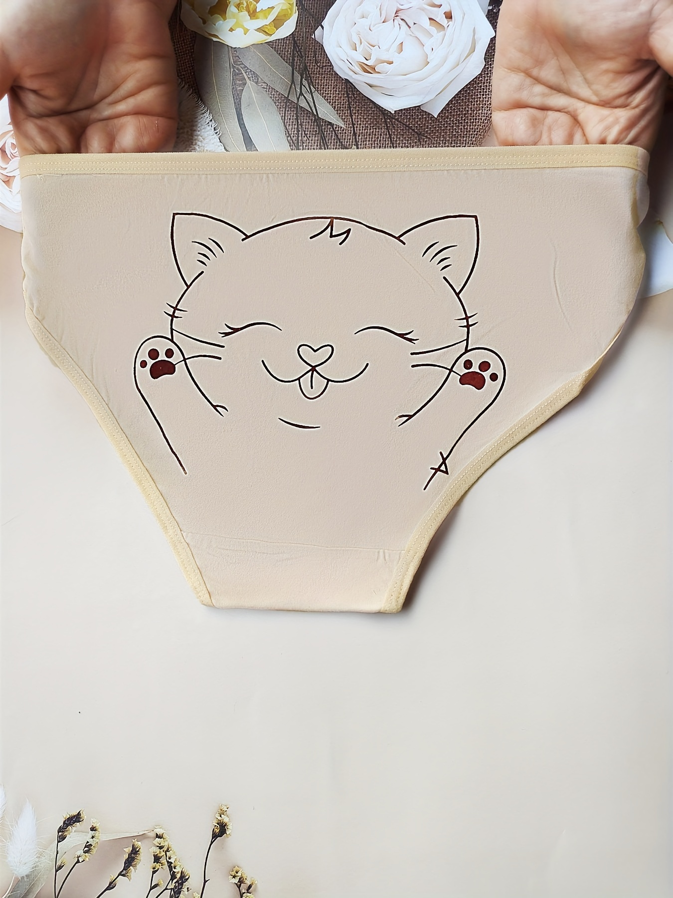 Cute Slogan & Cat Print Briefs, Comfy Breathable Stretchy Intimates  Panties, Women's Lingerie & Underwear