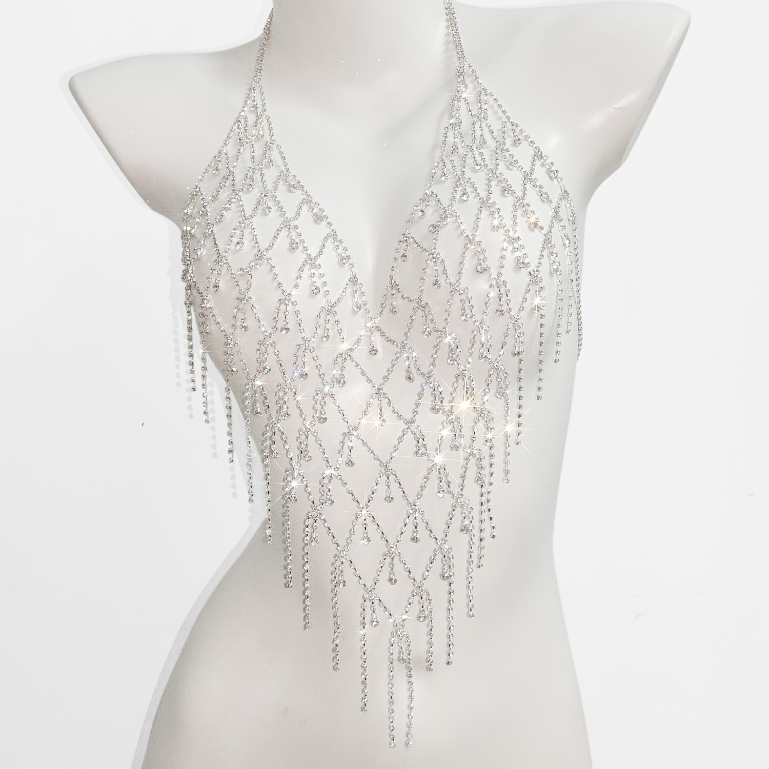 Inlaid Shiny White Rhinestone Crop Top Body Chain Sexy Body - Temu