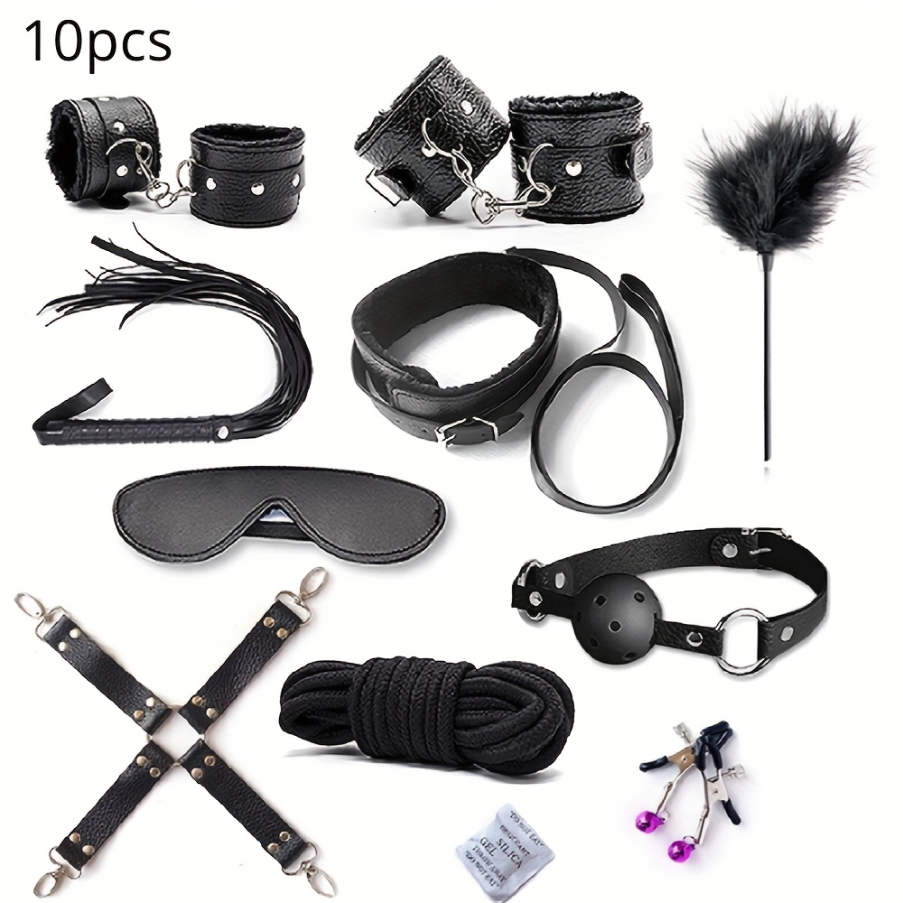 Bdsm Set Plush Bondage Collar Nipple Clip Handcuffs Whip - Temu