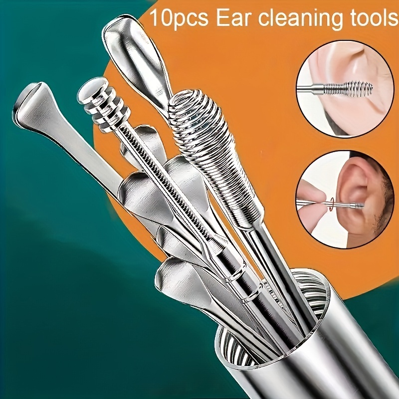 

10pcs Stainless Steel Ear Wax Removal Tool Set - Spiral Rotating Ear Picking Spoon & Ear Picker Spoon For Cleaning & Collecting Ear Wax