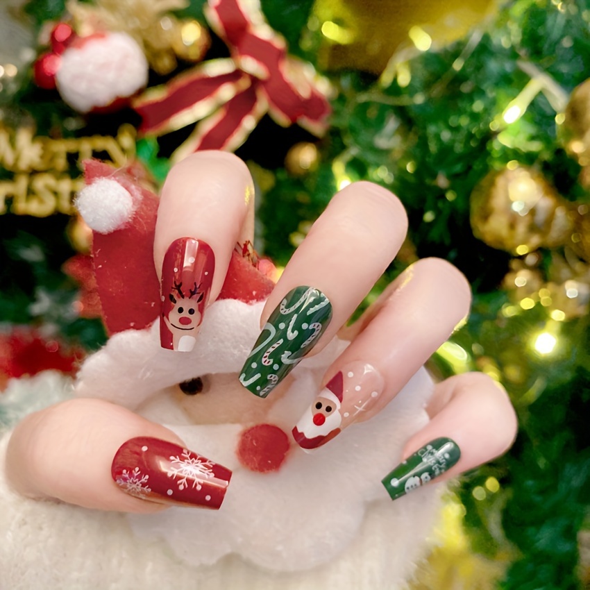 Christmas Press On Nails, Long Fake Nails Red Christmas Nails With Cute  Santa Claus Snowflake Designs, Winter Xmas Acrylic Nails Glossy Full Cover  Fal