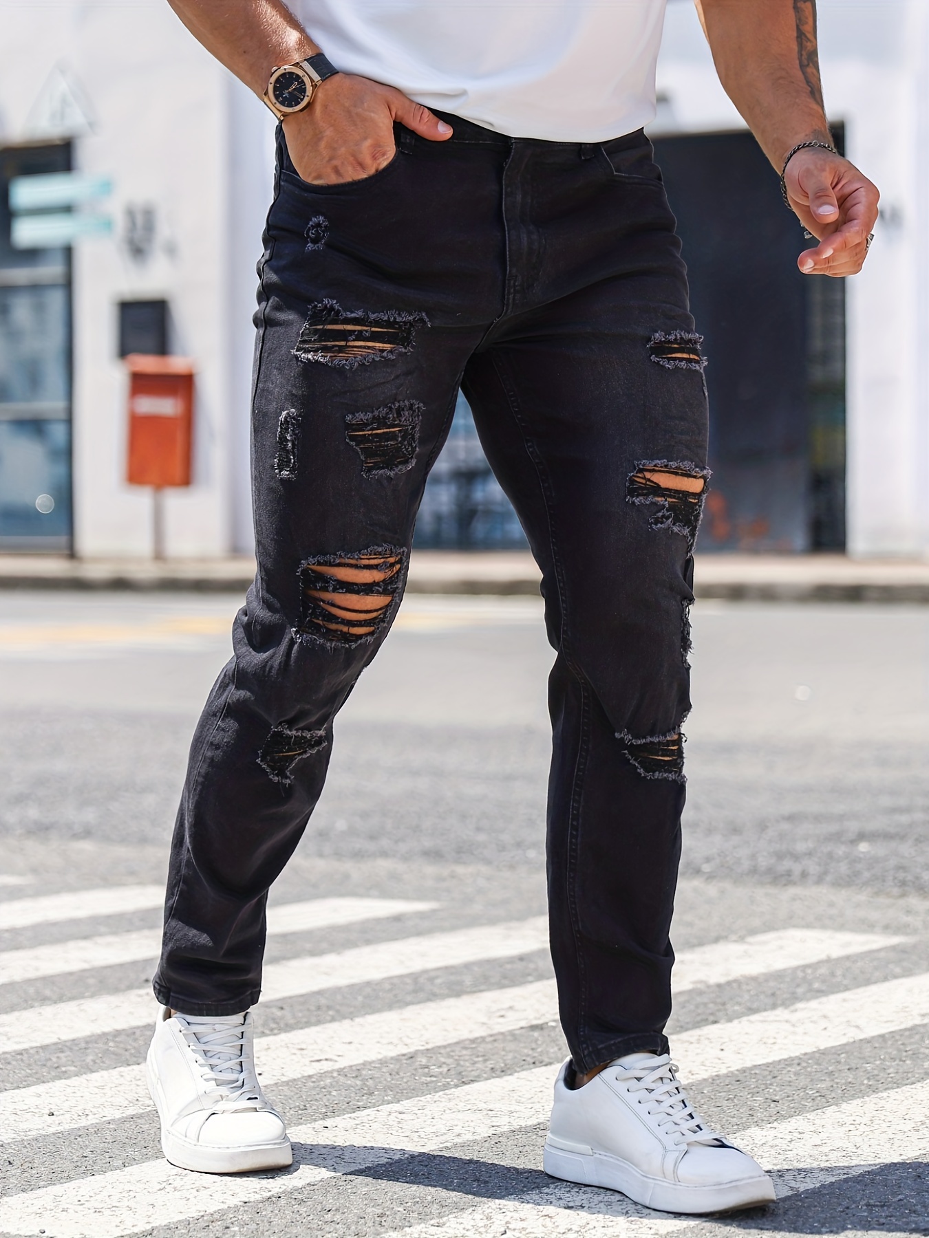 Slim Fit Ripped Jeans Men's Casual Street Style Stretch - Temu